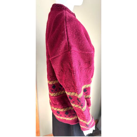 Sweaters of Ireland Vintage Cardigan 100% Pure Wool Fair Isle Maroon Gold Large - Picture 6 of 13